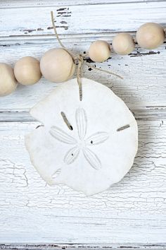 a white sand dollar hanging from a string on a wooden background with beads and shells