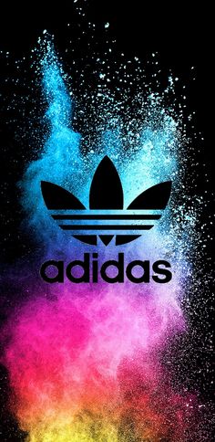 the adidas logo is shown on a black background with colorful powder sprinkles