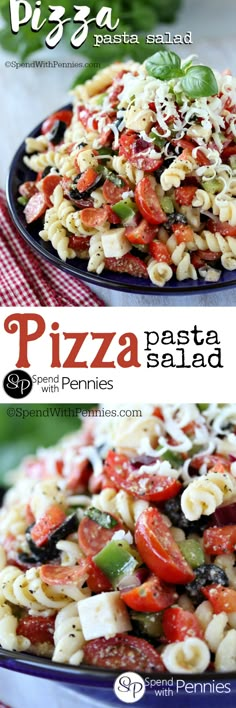 pizza pasta salad with tomatoes, green peppers and parmesan cheese on the side