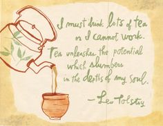 a drawing of a person pouring tea into a cup with the words i must drink, let's of tea or d cannot work