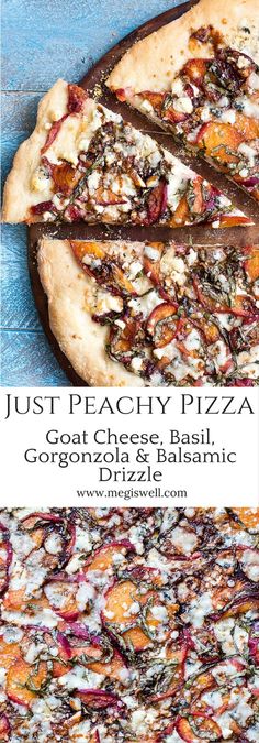 a pizza with different toppings sitting on top of a blue table next to an advertisement for just peachy pizza