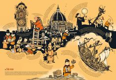 an illustrated map with many different things in the world and people around it, including ships