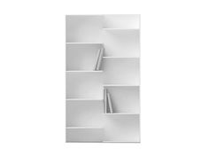 a white book shelf with several books on each shelf and one in the middle, against a white background