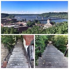 the stairs lead up to the top of the hill