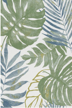 a green and blue tropical leaf wallpaper with white background, including large palm leaves