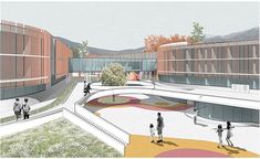 an artist's rendering of a courtyard with people walking around and trees in the background