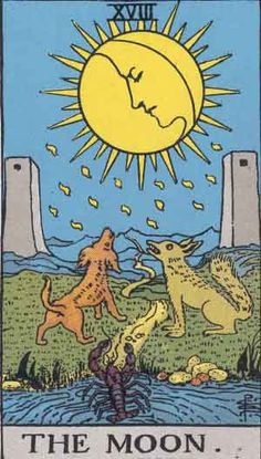 a tarot card with two dogs and the sun