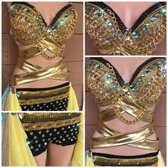 four pictures of different types of bras and panties with gold, black, and blue beads