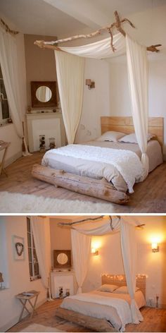 two pictures of a bed with white sheets and drapes on the top, and bottom