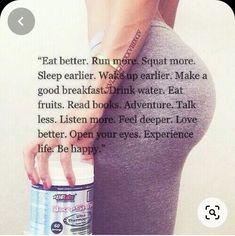 a woman with her back to the camera holding onto a water bottle that says eat better, run more, squat more