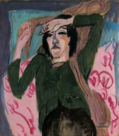 a painting of a woman holding her hair in front of her face and wearing a green sweater