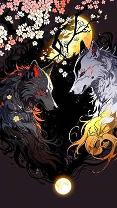 two wolfs are facing each other in front of the moon and tree with flowers