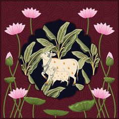 a painting of a bull surrounded by flowers and leaves on a dark background with pink water lilies