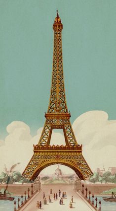 a painting of the eiffel tower in paris, france with people walking around