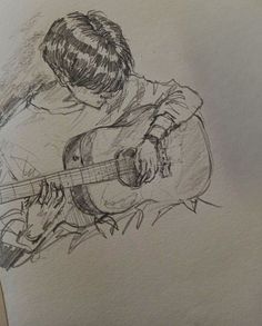 a pencil drawing of a person playing an acoustic guitar with his head tilted to the side