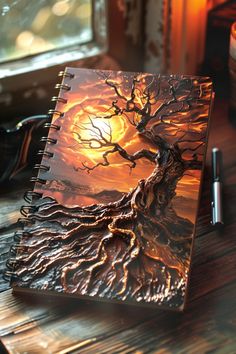 a spiral notebook with an image of a tree on the cover and a candle in the background