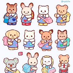 some cute little animals with different outfits and accessories on their backs, one is holding a teddy bear