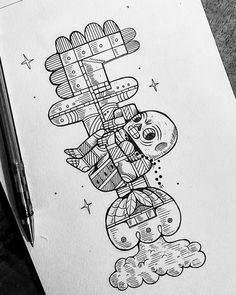 a pencil drawing of a cartoon character with clouds and stars in the sky on paper