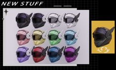 several different colored helmets are shown next to each other, with the words new stuff on them