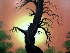 a painting of a dead tree with the sun setting in the back ground behind it