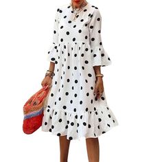 Summer Women 3/4 Sleeve O Neck Casual Ruffle Dress Plus Size Holiday Party Polka Dot Midi Dress Vestidos Bohemian Midi Dress, Vintage Polka Dot Dress, Ruffles Fashion, Polka Dress, Summer Party Dress, Modern Dress, Casual Summer Dresses, Mode Inspiration, Hem Dress