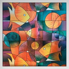 an abstract painting with fish on it