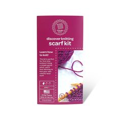 a package of knitted items sitting on top of a white surface with the words, discovering knitting scarf kit