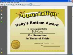 the baby's bottom award certificate is displayed in this screenshote screen shot