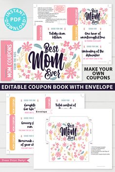 the best mom ever coupon book with envelopes is shown in three different colors