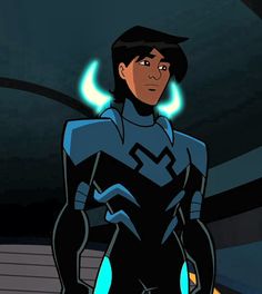 the animated character is dressed in black and blue with glowing lights on his chest, while standing