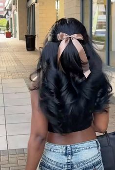 #ribbon #ribbonaccessories #bow #hair #hairstyles #hairgoals #cute Hairstyle Ideas With Bow, Black Hair With Ribbon, Bows In Hair Hairstyle, Cute Hair Extensions Hairstyles, Bow Hair Aesthetic, Hairstyles For Women Black, Chic Hairstyles Black Women, Laid Back Hairstyles, Ribbon Ponytail Hairstyles