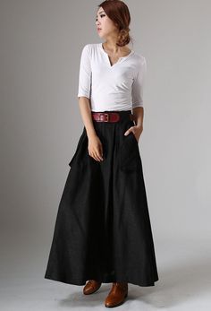 "A wardrobe stable, This long black linen skirt with features two big pockets in the front, Perfected with with gathering and belt loops at the waist , This womens maxi black skirt is make of soft linen fabric, this A line skirt is perfect for pairing with a belt and blouses or basic tees, handmade with love, plus size also available. DETAIL * More color, More size https://etsy.me/2Uyhyqg * 50% linen, 50% cotton, thicker linen * No Lining * Two big pockets * Front zipper and buttons closure * Pl A Line Maxi Skirt, Long Linen Skirt, Black A Line Skirt, Womens Long Skirt, Skirt Linen, Fall Skirt, Skirts Long, Classic Skirts, Women Dresses Classy