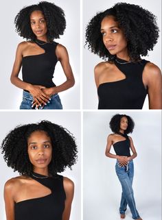 four different pictures of a woman with curly hair wearing a black tank top and jeans