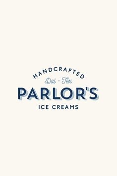 the logo for parlor's ice creams is shown in blue and white colors