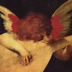 a painting of an angel holding a guitar in its right hand and looking down at the ground