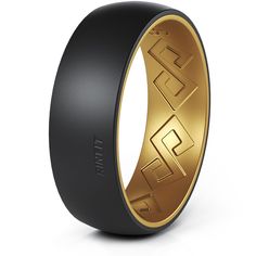 a black and gold wedding band with an interlocked design on the inside of it