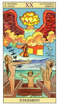 a tarot card with an image of two women and a man in the background