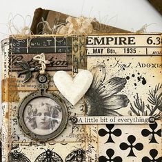 an altered book with pictures and words on it