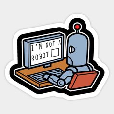 a robot sitting in front of a laptop with the words i'm not a robot on it