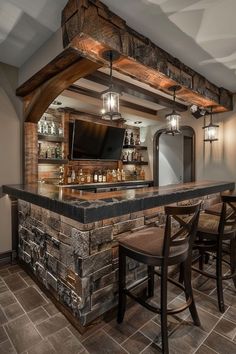 a bar with stools and lights in a room