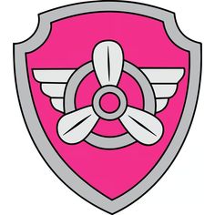 a pink and gray shield with wings on the front is an image of a propeller