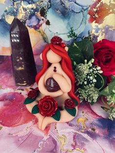 Red rose crystal fairy elves. Strawberry Quartz crystal heart. Fairy Clay Sculpture, Wiccan Crafts, Real Crystals, Bone Crafts, Altar Decor, Rose Crystal