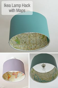 three different views of a ceiling light with maps on it and the same lamp shade