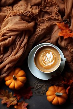 a cup of coffee sitting on top of a saucer next to some pumpkins