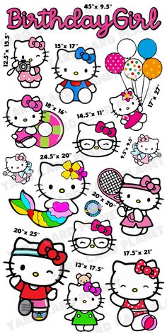 a bunch of hello kitty stickers that are on a white background with the words birthday girl