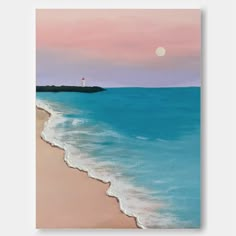 a painting of a beach with the moon in the sky above it and water below