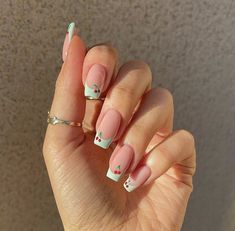 Summer French Nails, Cherry Nails, Green Nail, Summery Nails, Cute Gel Nails, Soft Nails