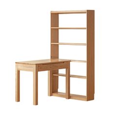 a wooden desk and bookcase against a white background