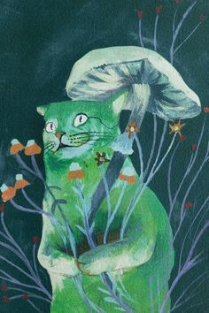 a painting of a green cat with mushrooms on it's head and hands in the air