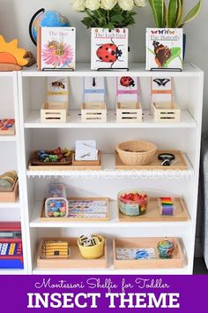 there is a book shelf with books on it and flowers in the vase next to it